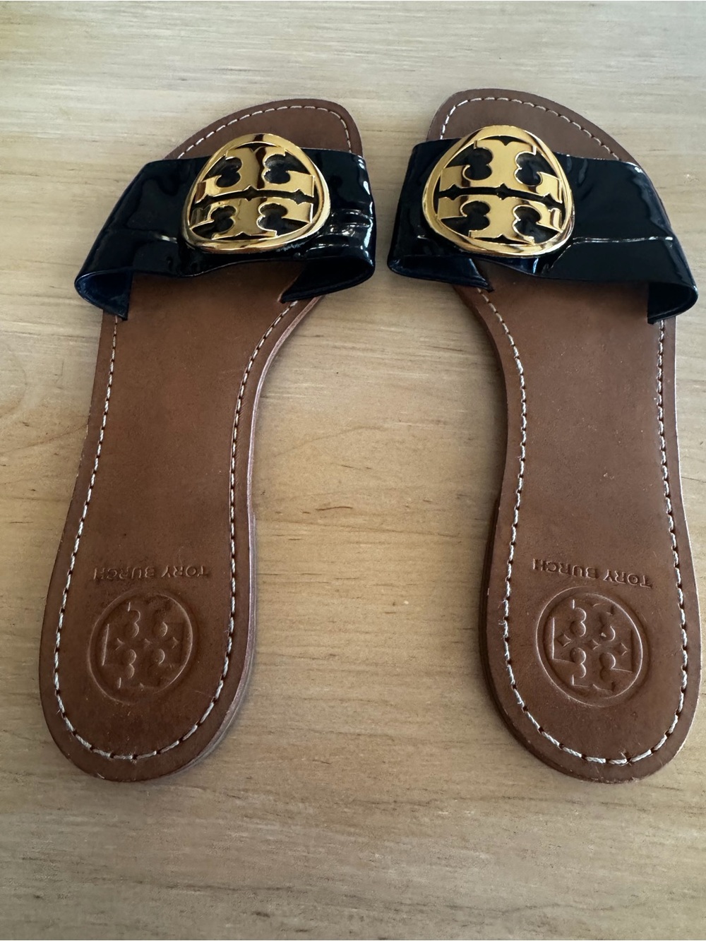 Tory Burch Navy Patent Slide Sandals with Gold Logo
